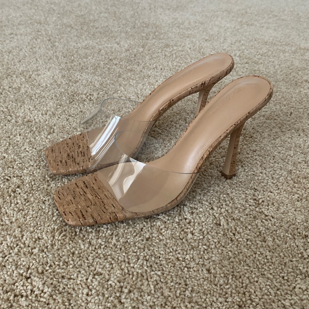Tony Bianco“Fame” clear vinylite/cork high heeled slip in sandal